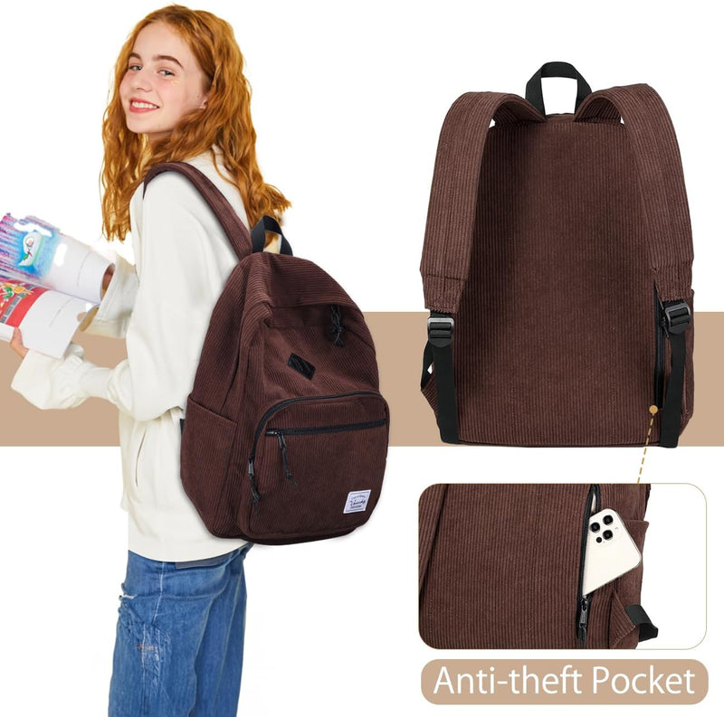 Corduroy Backpack for Men Women, VASCHY Casual Cute Fleece School Bag 15.6 inch Lightweight Daypack for Teens/Men/Women Travel