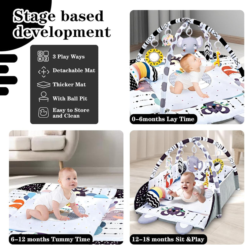 TFDER 7-in-1 Baby Play Gym, Infant Non-Slip Activity Blanket, Crawling Mat with Play Arch and Sensory Toys,Baby Toys 0+ Months,Black and White