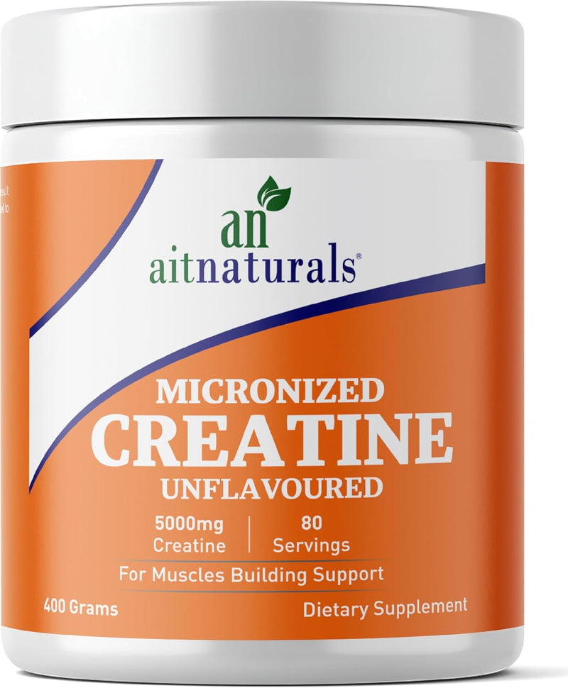 Aitnaturals 100% Micronized Creatine Monohydrate Powder Unflavoured - 400g/80 servings Muscle Building Support, Boosts Energy, Replenishes ATP Levels, Post Workout Supplement, Non-GMO, Gluten-Free