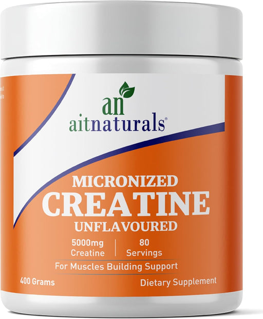 Aitnaturals 100% Micronized Creatine Monohydrate Powder Unflavoured - 400g/80 servings Muscle Building Support, Boosts Energy, Replenishes ATP Levels, Post Workout Supplement, Non-GMO, Gluten-Free