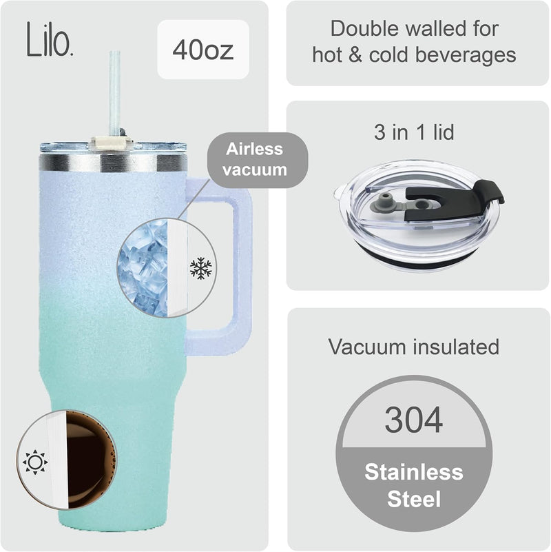 Lilo 40oz /1200ml Tumbler with Straw and Lid Vacuum Insulated Stainless Steel Travel Tumblers Cup Holder Friendly, Leak Proof Reusable Water and Coffee Tumbler for Hot & Cold Drinks (Lavender Moss)