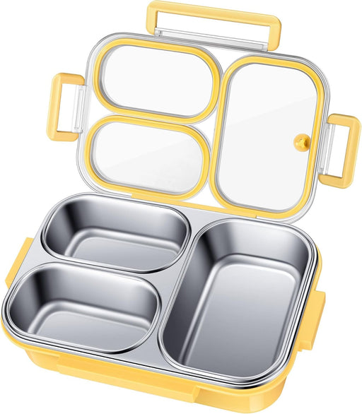 BIGTHREE Stainless Steel Lunch Box for Kids & Adults, Bento Lunch Box, 800-1000ml, 3 Compartment Metal Lunch Container, One-Touch Latch, Leakproof Food Container