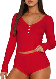 Women 2 Piece Ribbed Knit Pajama Set Long Sleeve Button Crop Top and Shorts Lounge Sweatsuits Sleepwear PJ Set - Red