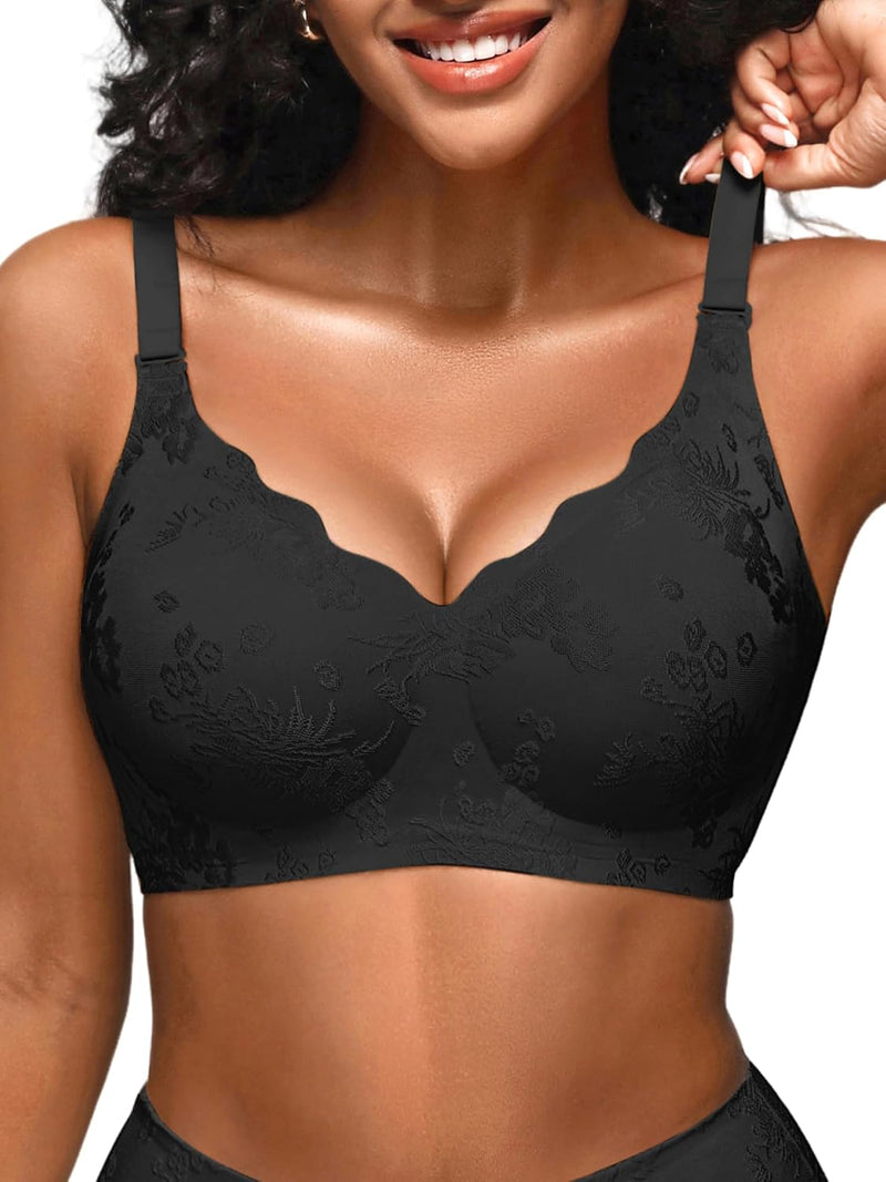 Wireless Bras for Women No Underwire, Seamless Comfortable Jacquard Bralettes, Padded T-Shirt Bra Sets - Black