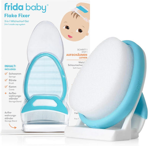 Frida Baby DermaFrida FlakeFixer | 3-Piece Set Against Milk Scab in Babies | With Sponge, Brush, Comb & Stand | Gentle Scalp Care from Birth | Soothes & Removes Dandruff Gently