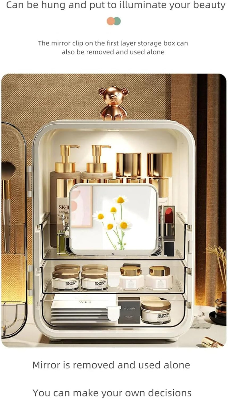 NOGOO Cosmetics Storage Box with LED Light and Mirror,Makeup Display Case with Two Drawer Storage Box and Brush Storage, Large Capacity SkinCare Organizers for Bathroom Countertop,Bedroom Vanity Desk