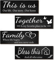 Joyhawk 4 Pieces Home Wall Signs, THIS IS US/TOGETHER/BLESS THIS HOME/FAMILY Wall Decor For Living Room Bedroom, Rustic Wooden Farmhouse Wall Art , 4.7 x 13.8 Inch(Brown) - black