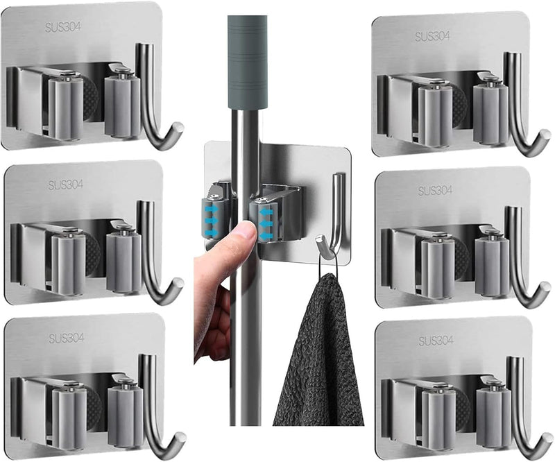 ZALCOON 2 PCS Mop Broom Holder Wall Mount - Mop Holder Self Adhesive No Drilling Super Anti-Slip Broom Holder for Home Garage Garden Laundry Room, kitchen organizer Tools (Mix) - 6 Pieces With Hook