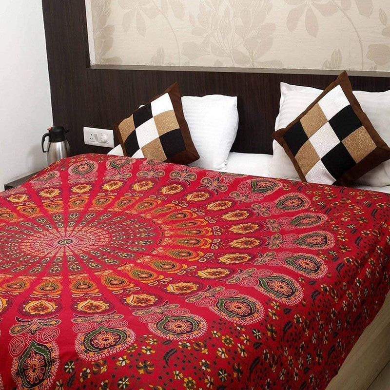 Bless International, Indian Wall Hanging Psychedelic Hippie Bohemian Peacock Mandala Tapestry Bed Sheet Gold Pink Blue King 225x265cm
