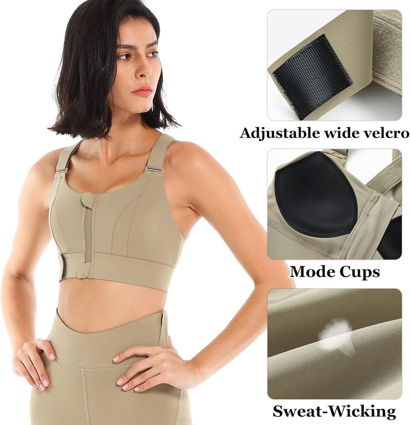 Sports Bra for Women High Impact Work Out Bra with Support Front Zipper Gym Padded Bras with Adjustable Straps