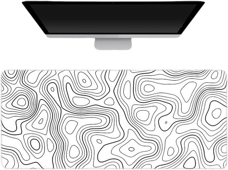 Gaming Mouse Pad XL - 80x30cm Large Mouse Mat with Anti-Slip Rubber Base for Keyboard and Mouse, for Home and OfficeWhite with Black Topographic Line - White