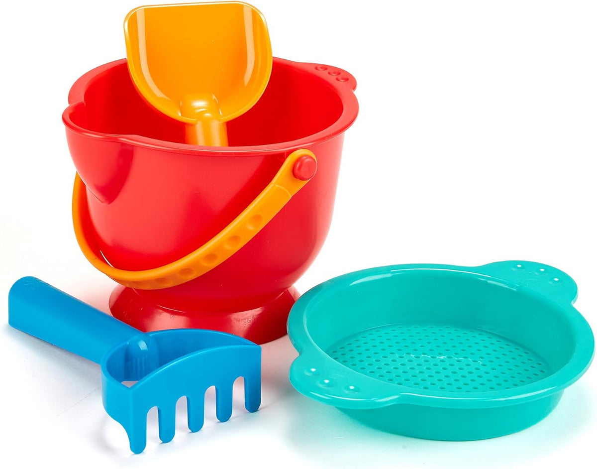 Hape Beach Basics Sand Toy Set 4-Piece Sand & Water Playset for Toddlers Includes Bucket, Sifter, Rake, and Shovel Durable, Child-Safe, Multicolor Perfect for Beach and Sandbox Fun 18M+ – image 2
