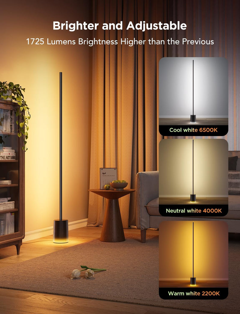 Floor Lamp 2, RGBIC Smart Floor Lamp for Living Room, Bedroom 1725lm, Warm Cool White LED, 2200K-6500K, Compatible with SmartThings, Matter, Alexa, Music Sync, Scene Modes, Black(1 Pack)