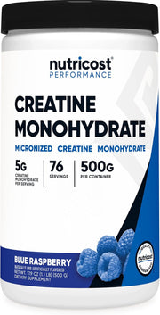 Nutricost Creatine Monohydrate Micronized Powder 500G, 5000mg Per Serv (5g) - 100 Servings, 17.9 Oz - Blue Raspberry 76 Servings