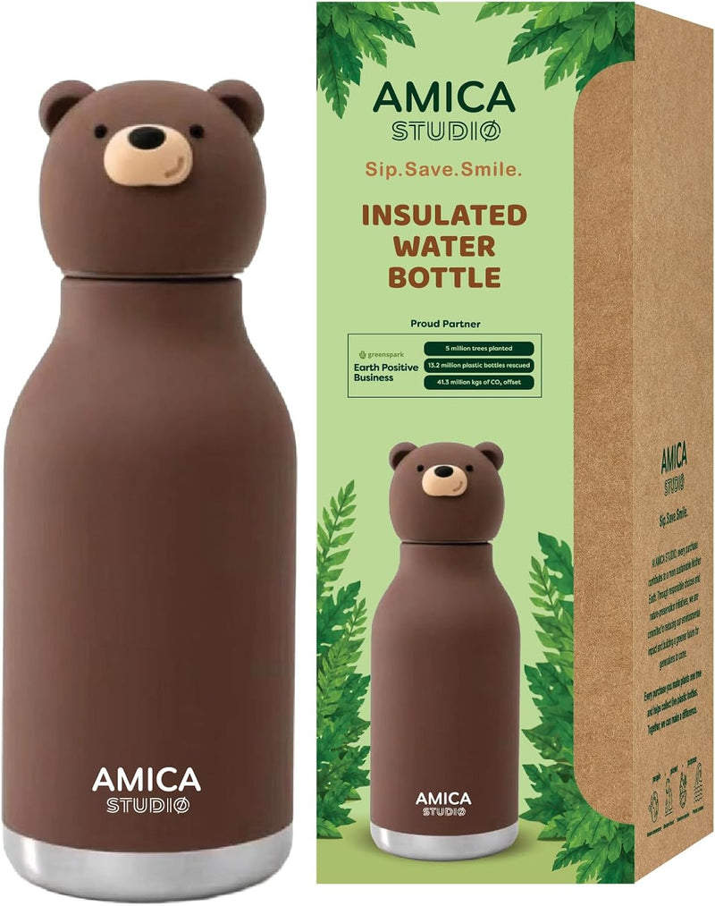 Kids Water Bottle 460ml Insulated Stainless Steel - AMICA STUDIO (Bruno Bear)