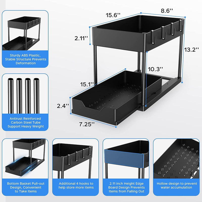 SKY-TOUCH 1pcs Under Sink Shelf Storage Organiser with Sliding Pull Out Drawer,Double Sliding Under Bathroom Cabinet Organization, Kitchen Storage with Hooks,15.6 8.6 13.2cm,Black