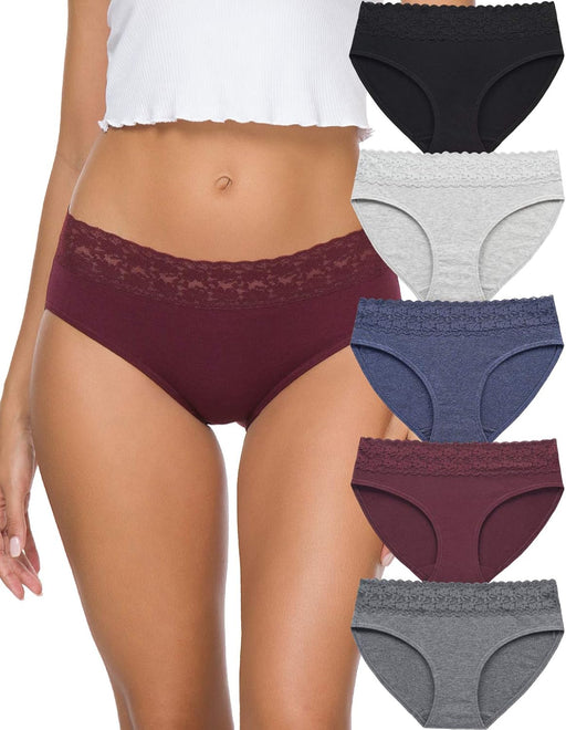 Womens Underwear Cotton Panties for Women Underpants Briefs Hipster Lace Bikini 5 Pack - Dark-wr
