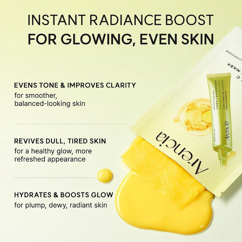 Vitamin C Booster Sheet Mask, Hydrating Face Mask with Glutathione & Niacinamide, Supports Even-Looking Skin Tone & Smooth Texture, 5 Sheets
