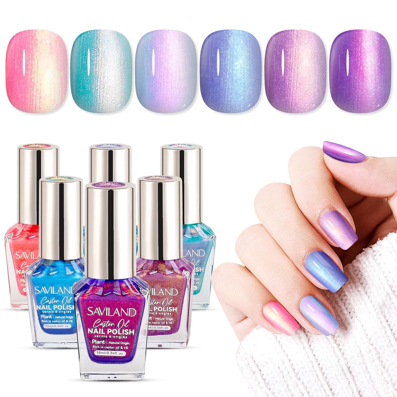 SAVILAND 6pcs Ombre Nail Polish Sets: Charm Pink Blue Gold Purple Ombre Summer Nail Polish Colors Air Quick Dry Nail Polish Plant-base Castor Oil Natural Nail Polish Sets for Women Gift Home Manicure