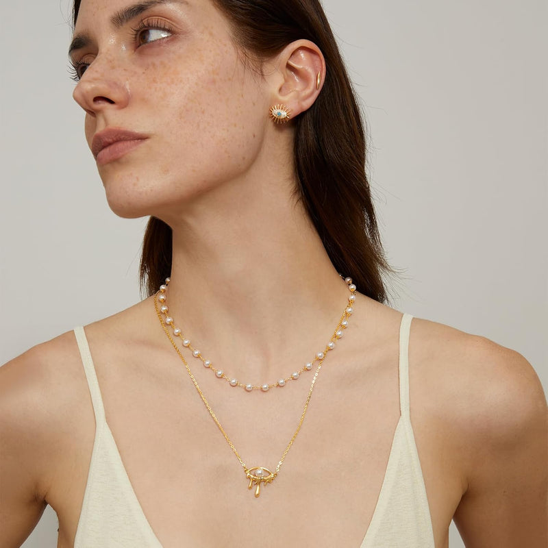 Gold Dainty Evil Eye Necklace for Women 18K Gold Plated Cute Delicate Solitaire Cubic Zirconia Boho Protection Evil Eye Minimalist Simple Necklace Gift - Pearl Evil Eye