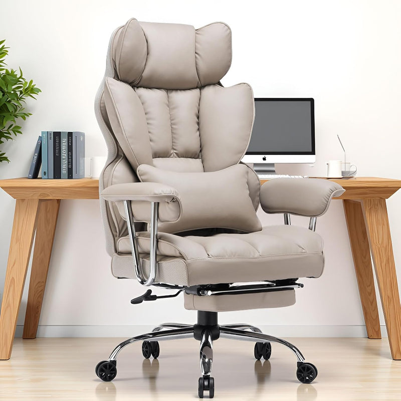 Big and Tall Office Chair 400lbs PU Leather Executive Desk Chair with Lumbar Support & Leg Rest, Heavy-Duty Computer Chairs for Home Office, Pink 400lbs support, 135 recline, dual-layer foam cushion, 23.5" seat & footrest. BIFMA - Grey