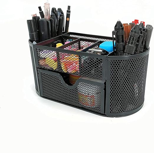 KASTWAVE Desk Organizer with Drawer, Desktop Organizer and Accessories with 9 Compartments for Pen Pencil Organizer Holder, Black