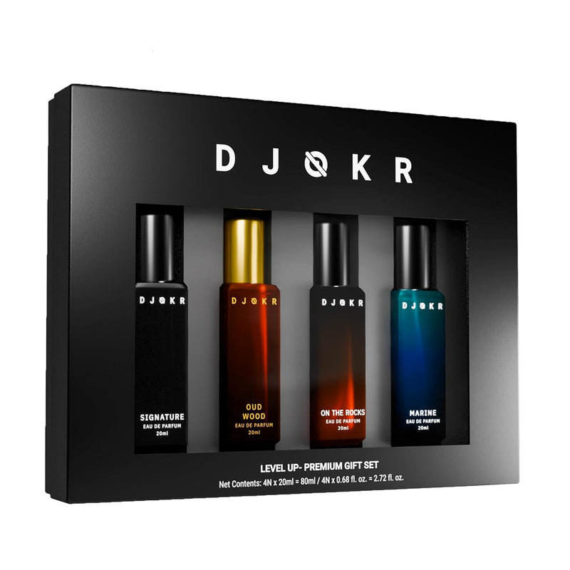 DJOKR Perfume Gift Set for Men Pack of 4x20 ML | Eau De Parfum | Premium Luxury Long Lasting Fragrance Spray | Signature, On The Rocks, Oud Wood, Marine (4x20 ml)