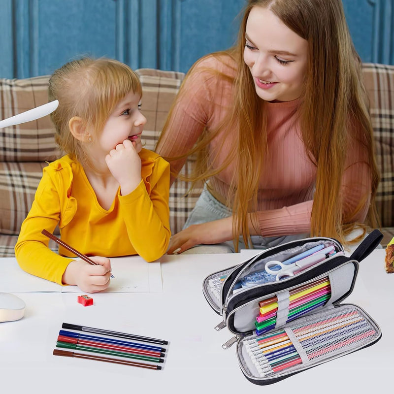 Revhq Pencil Case, Pen Bag, Pouch, Canvas Zipper 3 Compartment Large Case Organizer For School College Pouches - Black