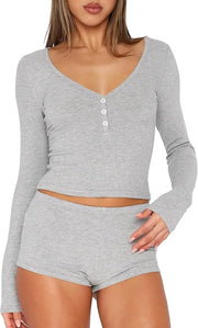 Women 2 Piece Ribbed Knit Pajama Set Long Sleeve Button Crop Top and Shorts Lounge Sweatsuits Sleepwear PJ Set - Light Grey