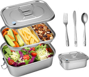 Stainless Steel Bento Box with Leak-Proof Lid and 3-Grid Divider, 1800ml Large Lunch Container with Utensils, Double Layer Metal Food Box for Adults, Kids, Office, Picnic, Camping, Meal Prep (Silver)