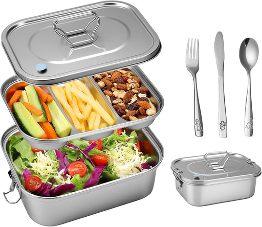 Stainless Steel Bento Box with Leak-Proof Lid and 3-Grid Divider, 1800ml Large Lunch Container with Utensils, Double Layer Metal Food Box for Adults, Kids, Office, Picnic, Camping, Meal Prep (Silver)