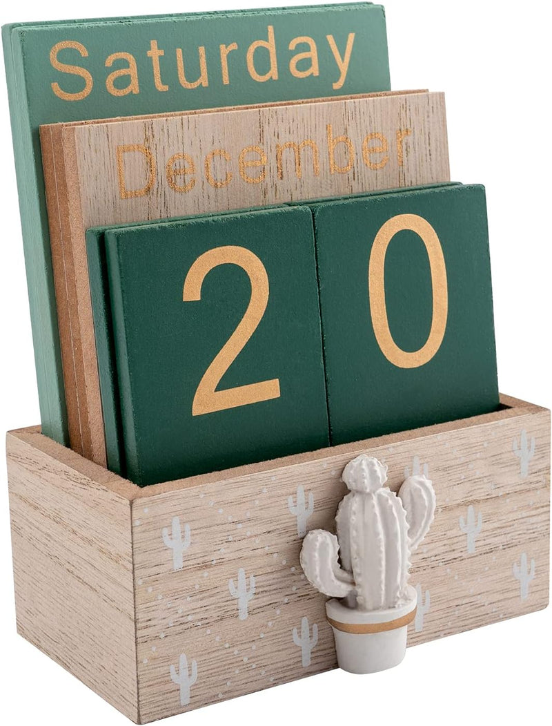 Notakia Perpetual Calendar, Wooden Calendar for Home Office Desk Accessories Vintage Wood Block Calendar(Green) - Green cactus