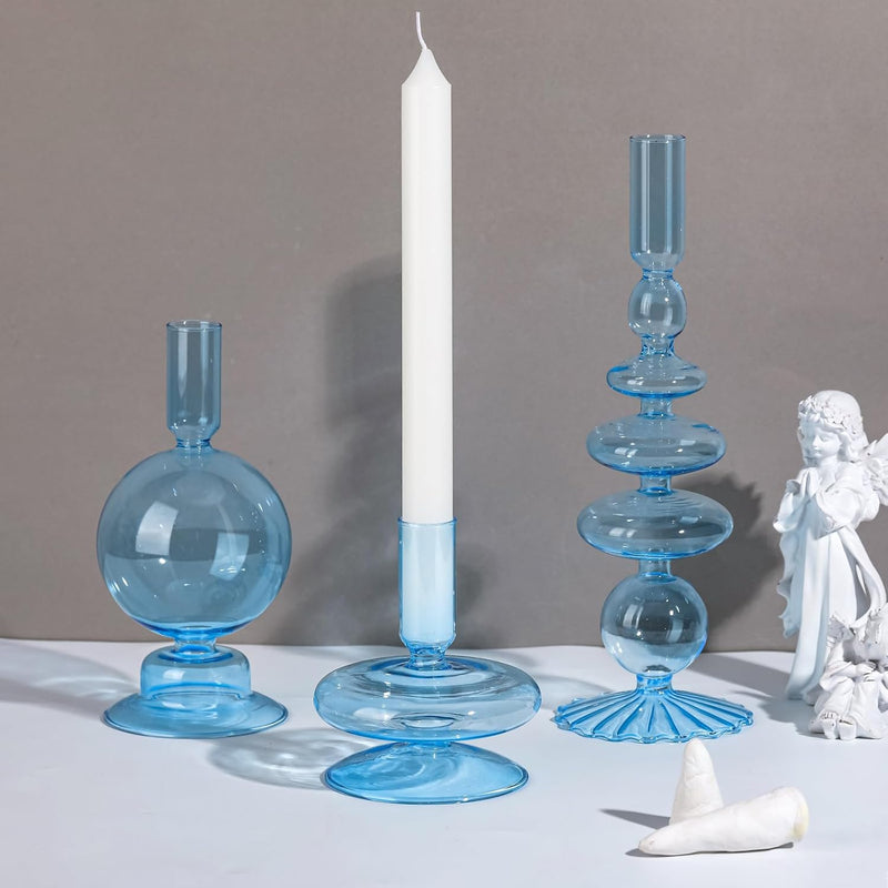 Rtteri 3 Pcs Glass Candlestick Holders Glass Taper Candle Holders Groovy Candlestick Wavy Glass Candlestick Holders Elegant Glass Candlestick Glass Vases for Home Party Centerpiece (Green)