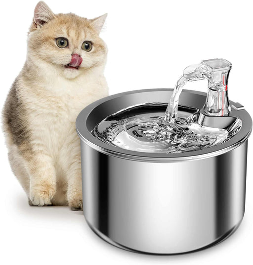 Cat Water Fountain, Stainless Steel Pet Water Fountain for Cats Inside Ultra-Quiet Pump, 2L/67oz Automatic Dog Dispenser Water Bowl, Multiple Pets Water Fountain - Round