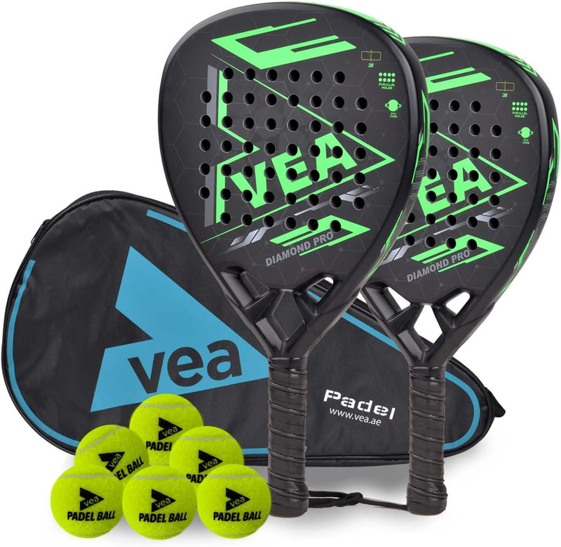 VEA Diamond Pro Padel Rackets (2-Pack) with 2 Tubes of Balls Carbon Fiber Racquets, EVA Core, 6 Balls Professional Padel Set for Doubles