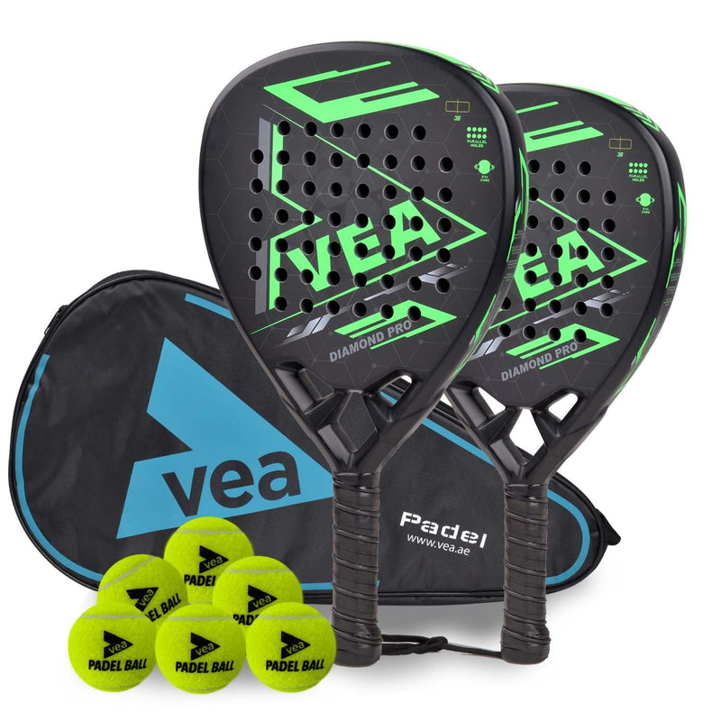 VEA Diamond Pro Padel Rackets (2-Pack) with 2 Tubes of Balls ??Carbon Fiber Racquets, EVA Core, 6 Balls ??Professional Padel Set for Doubles