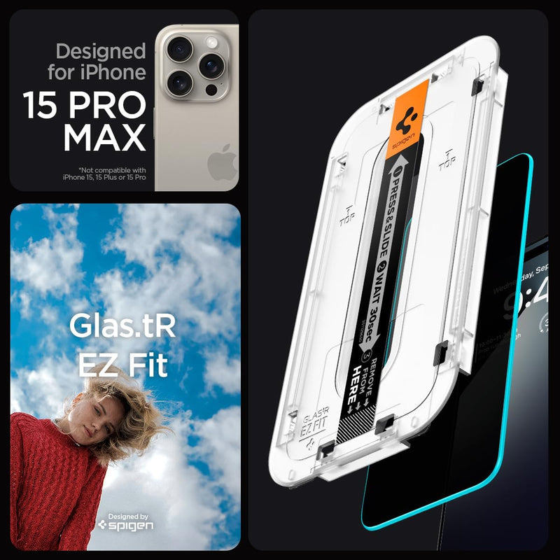 GLAStR EZ FIT PRIVACY 2 Pack designed for iPhone 15 Pro MAX Privacy Screen Protector Premium Tempered Glass with Auto Align technology - 2 PACK Anti-Spy, 9H Hardness Tempered Glass, Easy Installation Kit, Case-Friendly, Touch Responsive, Scratch Resistant
