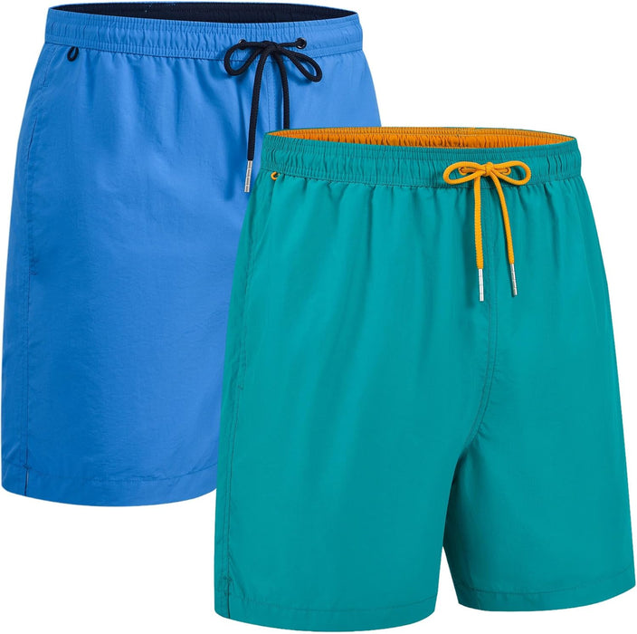 RBYEKP Mens Swimming Trunks 2 Pack Quick Dry Beach Surfing Shorts for Men Elastic Waist Board Short with Mesh Lining(Slim Fit)