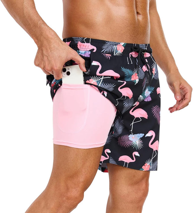Mens Swim Trunks with Compression Liner 2 in 1 Quick Dry Beach Swimming Trunks Swim Shorts with Zipper Pockets