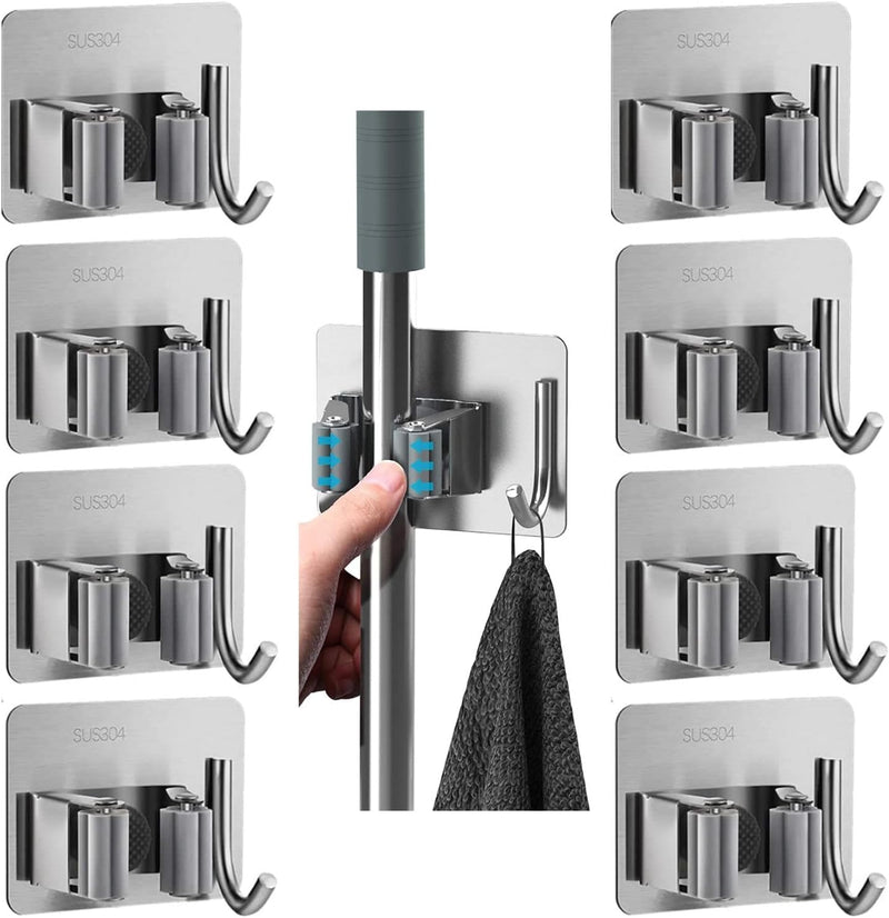 ZALCOON 2 PCS Mop Broom Holder Wall Mount - Mop Holder Self Adhesive No Drilling Super Anti-Slip Broom Holder for Home Garage Garden Laundry Room, kitchen organizer Tools (Mix) - 8 Pieces With Hook