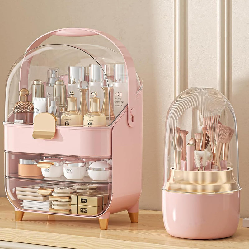 U-HOOME Makeup Organizer Skincare Organizers,Cosmetic Storage with Three Tier Storage Box and Brush Storage Box Cosmetic Display Cases for Bathroom Countertop,Bedroom Vanity Desk and Travel (White)