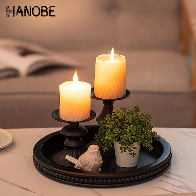 Hanobe Decorative Serving Tray Wood: White Washed Bead Round Tray Decor for Coffee Table Rustic Wooden Trays Farmhouse Centerpiece for Living Room Kitchen Counter