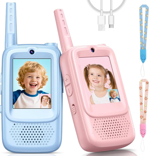 Kids Video Walkie Talkies Toys with Rotating Antenna & 2.0-Inch Screen - Dual-Camera Video Chat, USB-C Rechargeable with Lanyard, Colorful Gift for Interactive Play (Blue and Pink)