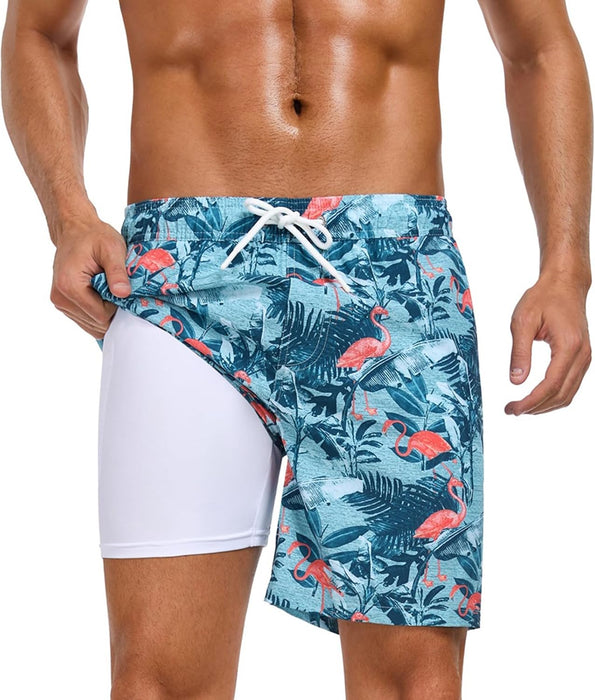 Mens Swim Trunks with Compression Liner 2 in 1 Quick Dry Beach Swimming Trunks Swim Shorts with Zipper Pockets