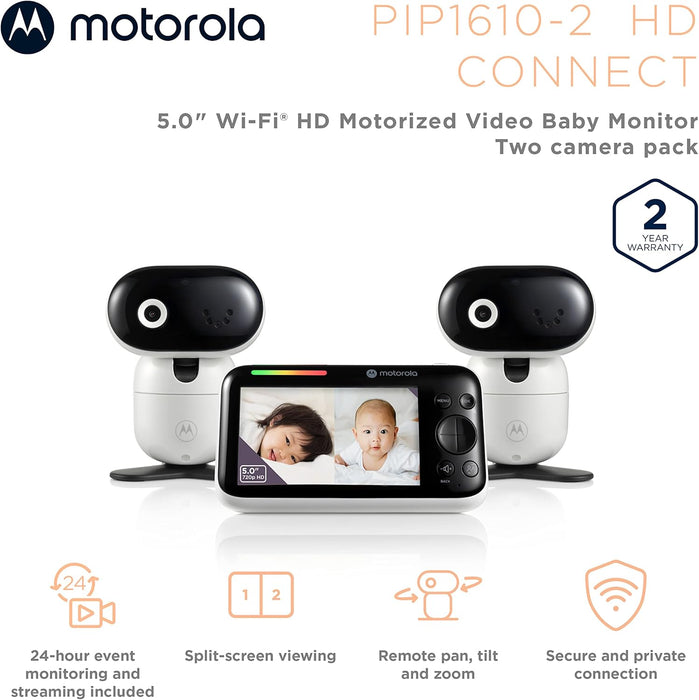 Motorola Nursery PIP1610 - Two 5" Display HD Camera Baby Monitors W/ 2-Way Audio, WiFi, App Connectivity, & 1000 FT Range - Wall Mount W/Remote Pan/Tilt/Zoom, Room Temp, & Lullabies