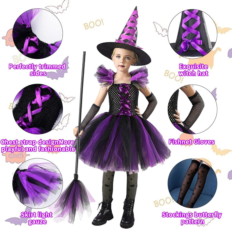 Yoawllty Witch Costume Halloween for Girls with Hat & Broom Fancy Party Dress Up Outfit, Fairytale Witch Costume Cute Witch Costume Set Purple