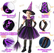 Yoawllty Witch Costume Halloween for Girls with Hat & Broom Fancy Party Dress Up Outfit, Fairytale Witch Costume Cute Witch Costume Set Purple