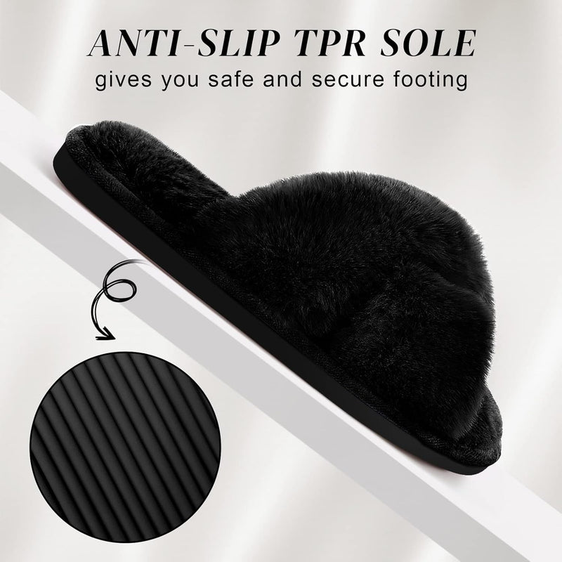 Women's Cross Band Slippers Soft Plush Furry Cozy Open Toe House Shoes Indoor Outdoor Faux Rabbit Fur Warm Comfy Slip On Breathable