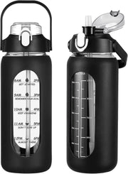 64oz Glass Water Bottles with Straw, Half Gallon Motivational Glass Bottle with Silicone Sleeve and Time Marker, 2L Leakproof Large Glass Water Jug for Gym Home Office,Black - 56 Ounces Black