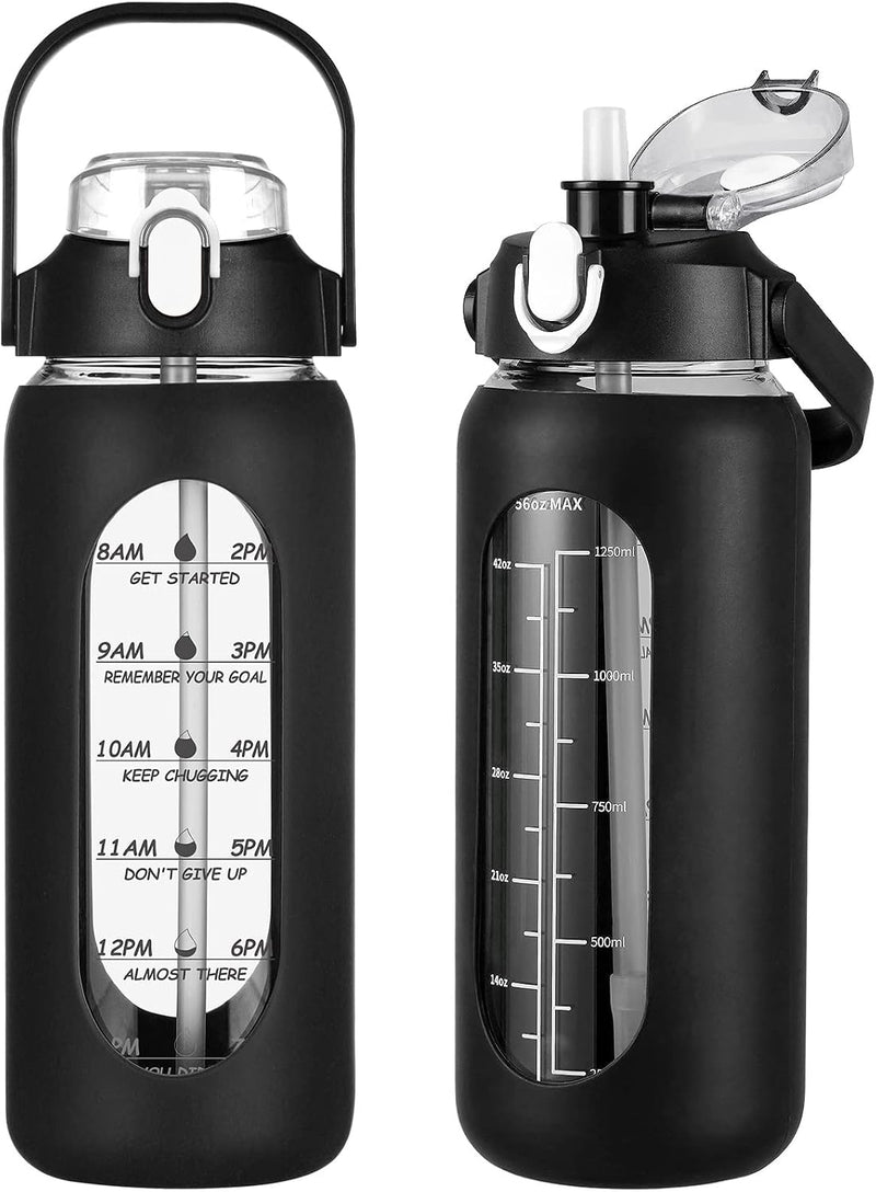 64oz Glass Water Bottles with Straw, Half Gallon Motivational Glass Bottle with Silicone Sleeve and Time Marker, 2L Leakproof Large Glass Water Jug for Gym Home Office,Black - 56 Ounces Black